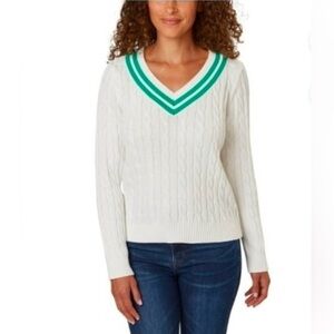 Lands End Women's V-Neck Cable Knit Sweater - White and Green